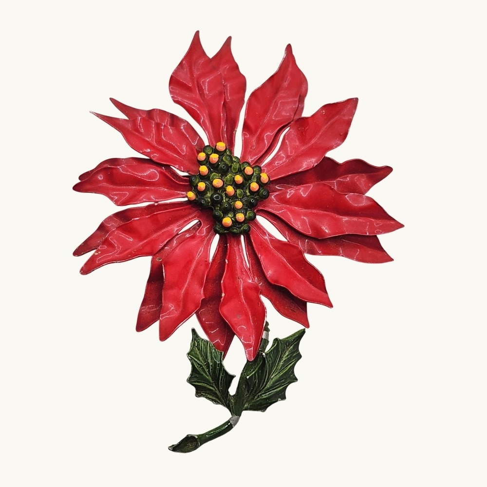 Vintage Red Enamel Poinsettia Brooch Pin Huge 4.5" Retro Mod Holiday Jewelry